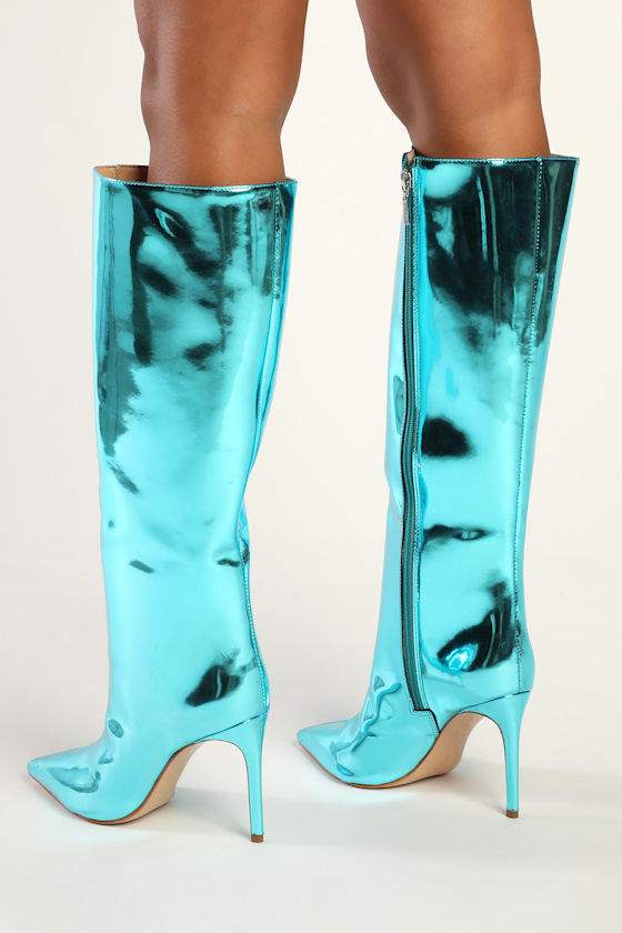 Mary Up Turquoise Metallic Leather Pointed-Toe Knee-High Boots 1