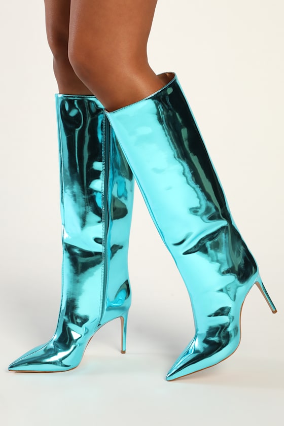 Mary Up Turquoise Metallic Leather Pointed-Toe Knee-High Boots 2
