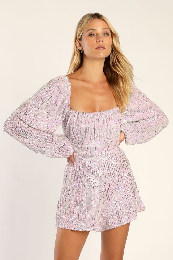 Light Pink Romper Iridescent Sequin Romper Long Sleeve Romper Lulus