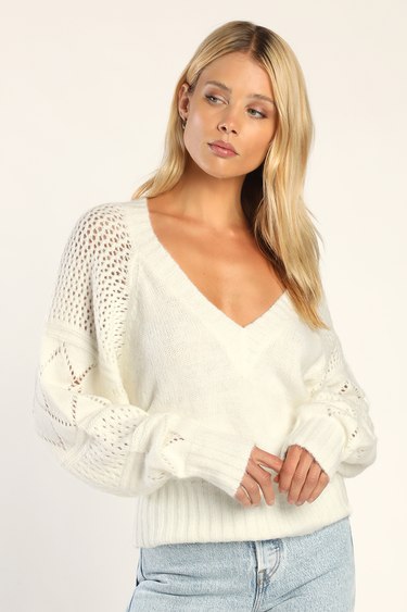 Trend Maker Ivory Pointelle Knit V-Neck Sweater