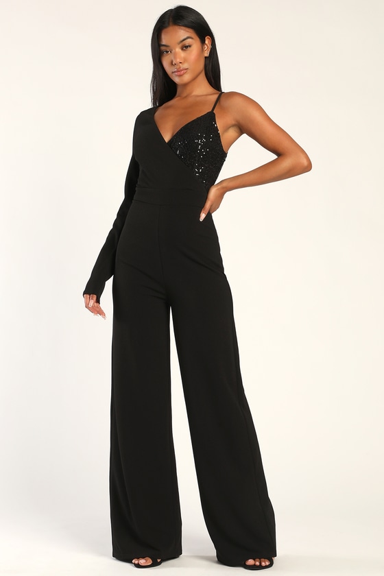 Black One-Shoulder Jumpsuit - Sequin Jumpsuit - Wide-Leg Jumpsuit - Lulus