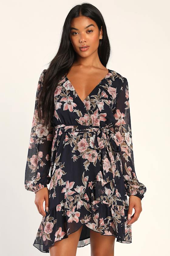 Navy Blue Floral Dress - Long Sleeve Mini Dress - Faux-Wrap Dress - Lulus