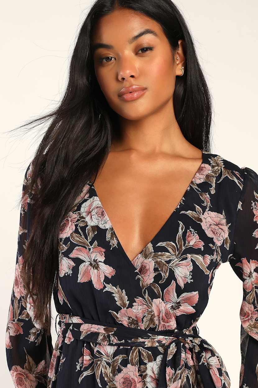 eliza j floral long sleeve faux wrap dress Eliza J Faux Wrap Floral Long Sleeve Dress