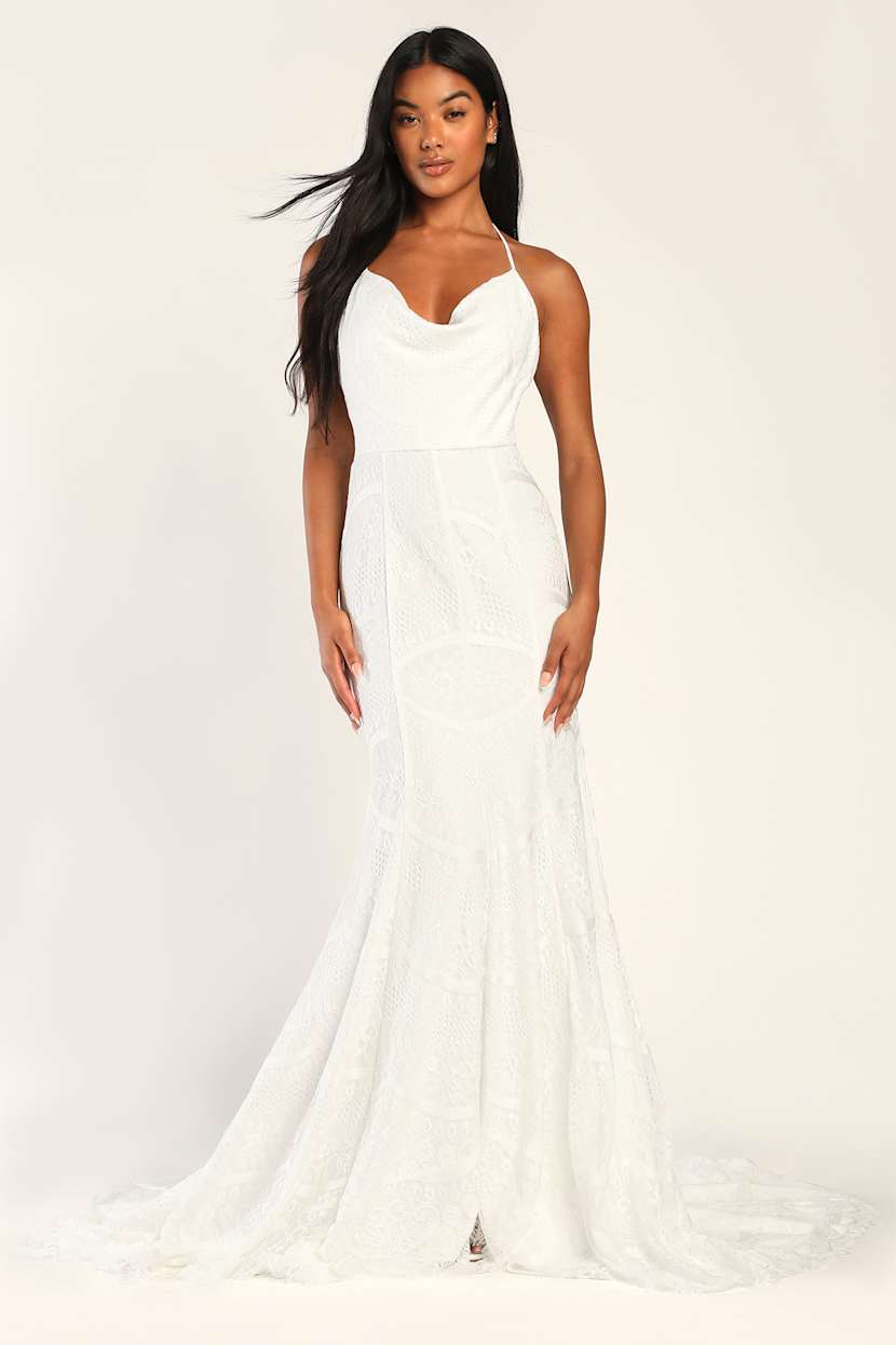 white lace cowl neck lace up back midi dress White Lace Dress - Maxi Dress With Train - Backless Cowl Dress