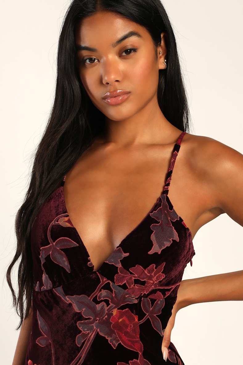 Divine Allure Burgundy Floral Burnout Velvet Midi Dress