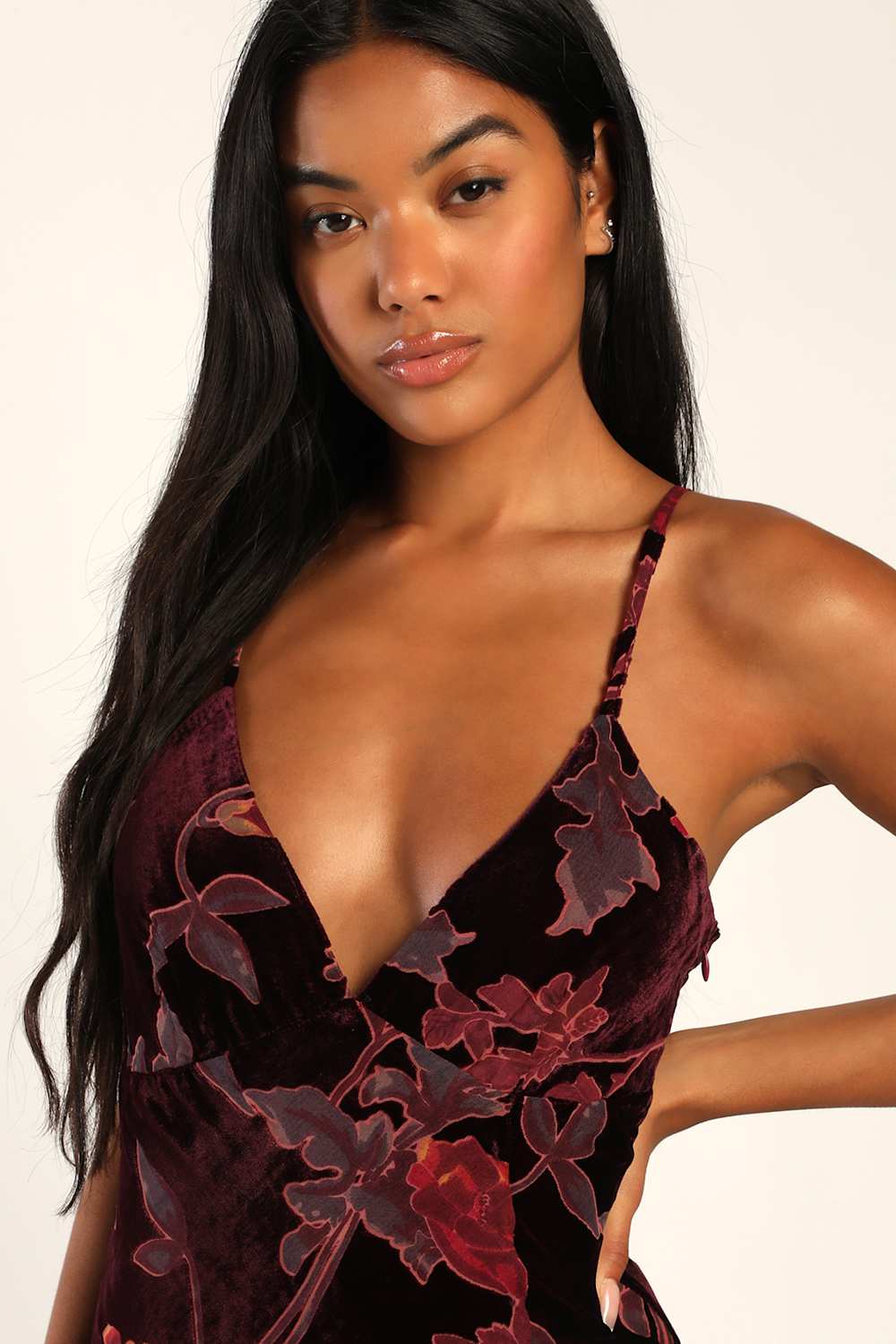 Divine Allure Burgundy Floral Burnout Velvet Midi Dress