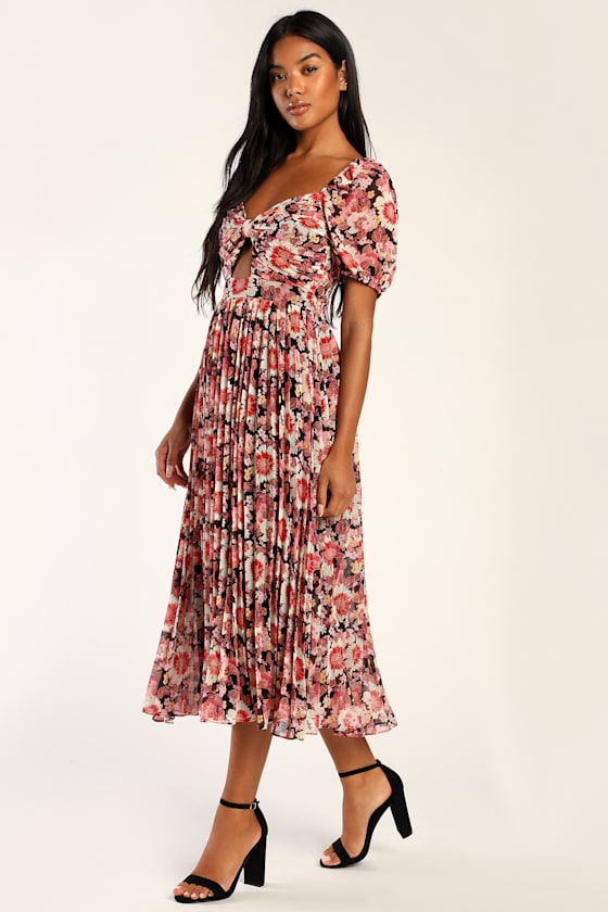 Pink Floral Midi Dress - Puff Sleeve 