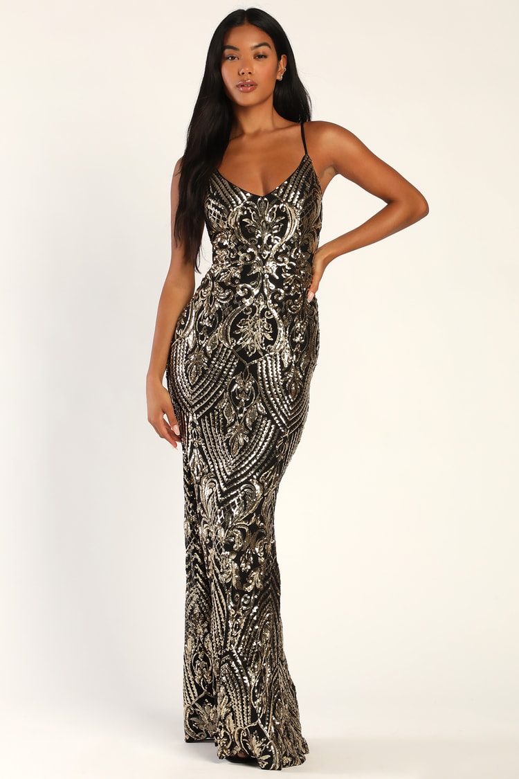 Truly Alluring Black and Gold Sequin Mermaid Maxi Dress