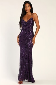 Photo Finish Purple Sequin Lace-Up Maxi Dress