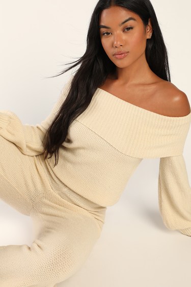 Cuddle Chic Ivory Knit Off-the-Shoulder Sweater Top