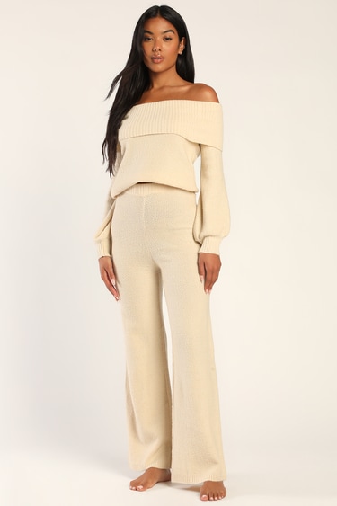 Cuddle Chic Ivory Knit High-Waisted Sweater Pants