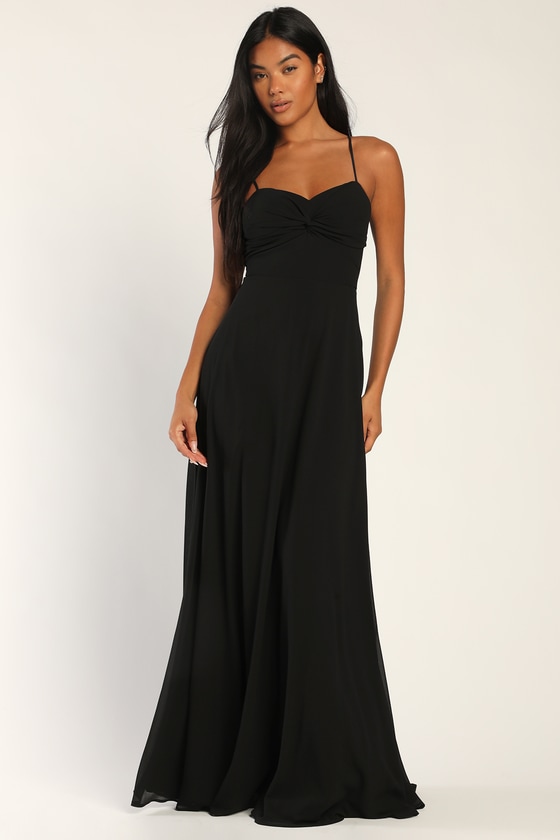 Black Twist-Front Dress - A-Line Maxi Dress - Chiffon Maxi Dress - Lulus