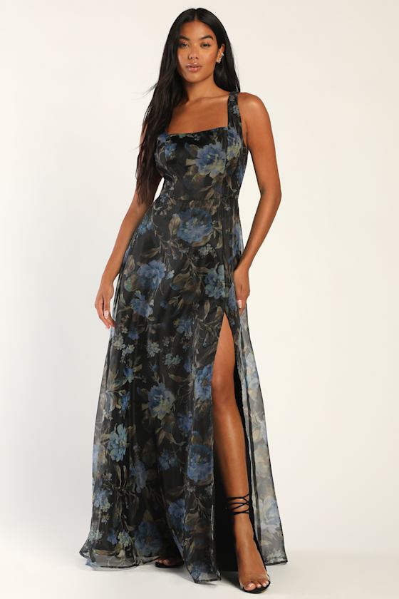 Stunning Elegance Black Floral Print Organza Maxi Dress 1