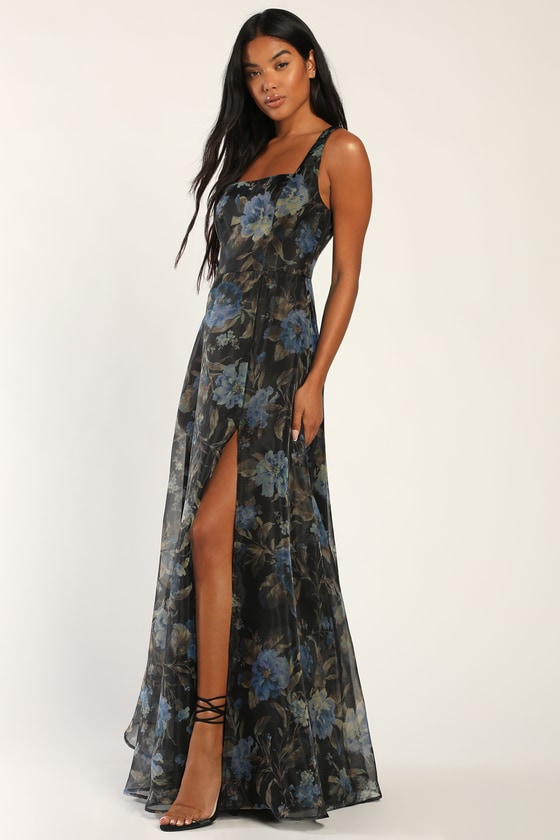 Stunning Elegance Black Floral Print Organza Maxi Dress