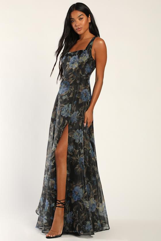 Stunning Elegance Black Floral Print Organza Maxi Dress 3