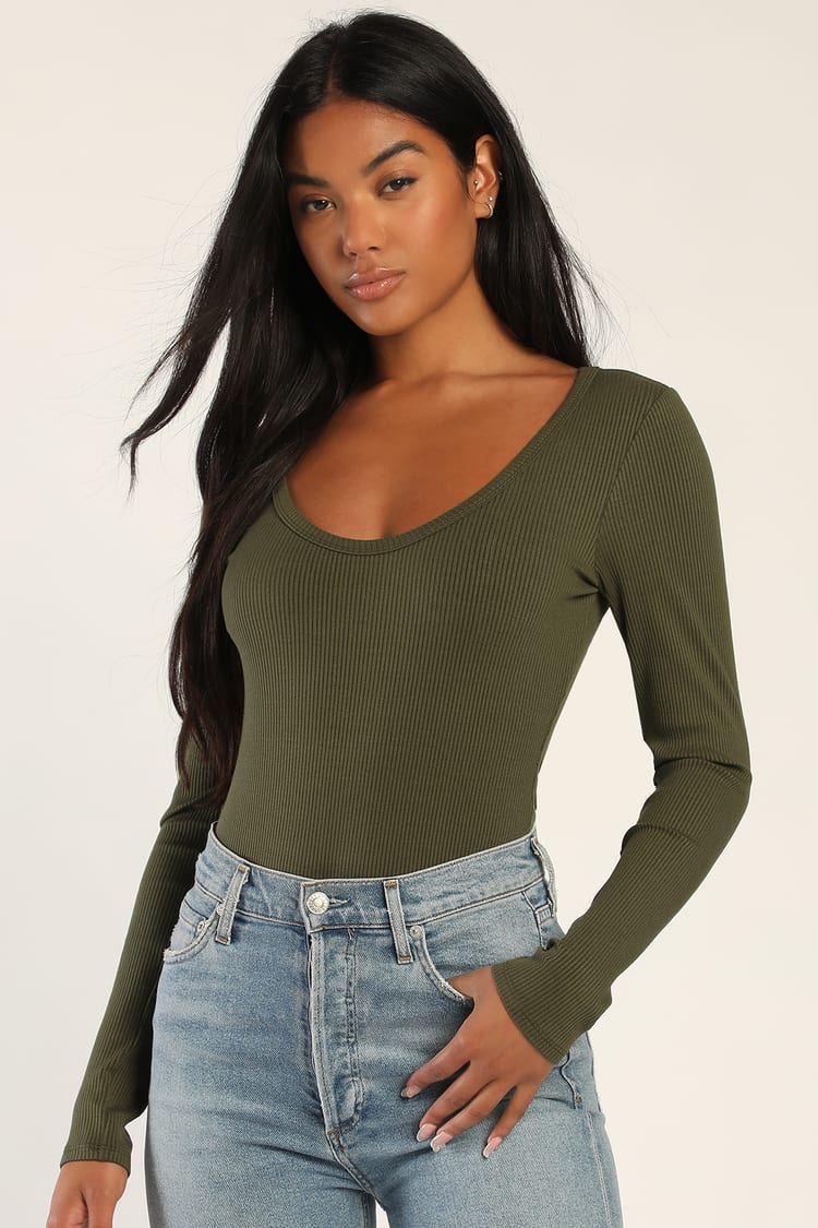 Inclined to Wow Olive Green Ribbed Long Sleeve Bodysuit
