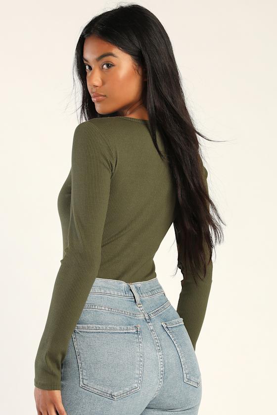 Inclined to Wow Olive Green Ribbed Long Sleeve Bodysuit 4