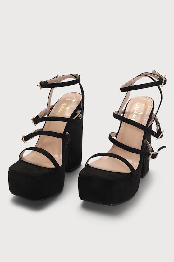 Rainyy Black Strappy Suede Platform Block High Heel Sandals 4
