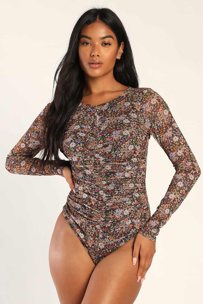 Everyday Luck Brown Floral Print Ruched Long Sleeve Bodysuit