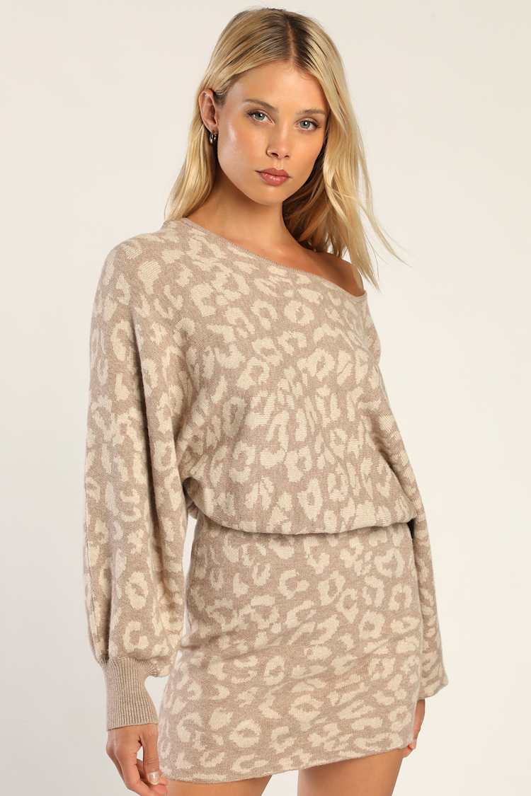 Wild For the Season Taupe Leopard Print Mini Sweater Dress