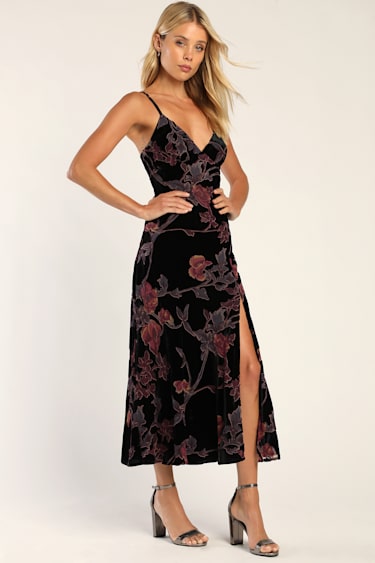 Divine Allure Black Floral Burnout Velvet Midi Dress