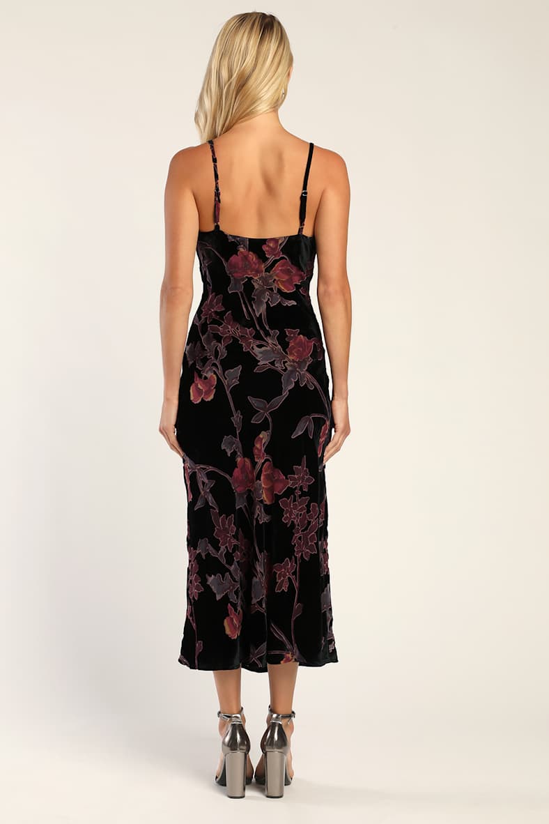 Divine Allure Black Floral Burnout Velvet  Midi Dress