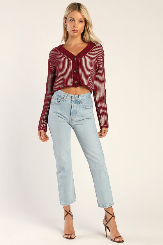 Wine Red Striped Cardigan - Ribbed Cardigan - Cropped Cardigan - Lulus