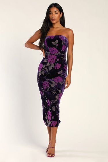 Buy You Flowers Purple Floral Print Velvet Strapless Midi Dress