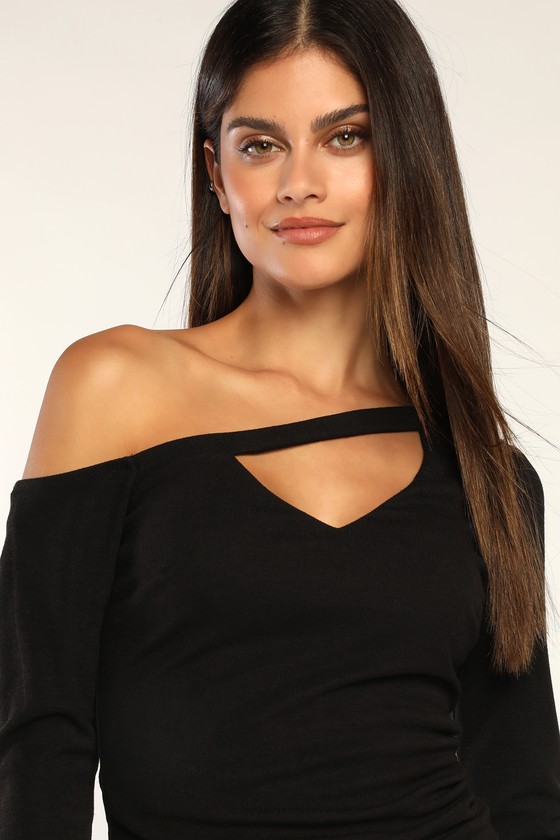 Black Ribbed Knit Top - Cutout Top - Long Sleeve Asymmetrical Top - Lulus