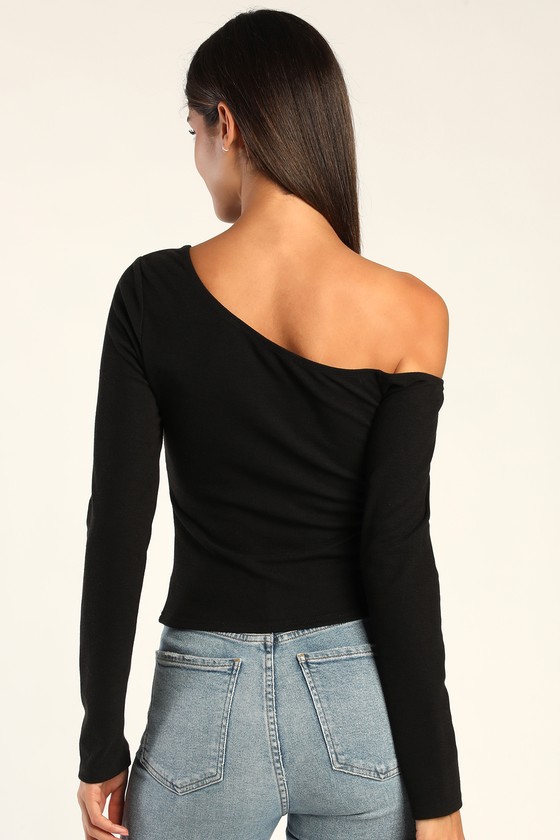 Black Ribbed Knit Top - Cutout Top - Long Sleeve Asymmetrical Top - Lulus