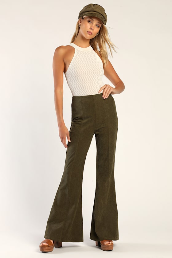 Era of Confidence Olive Green Corduroy Flare Pants 1