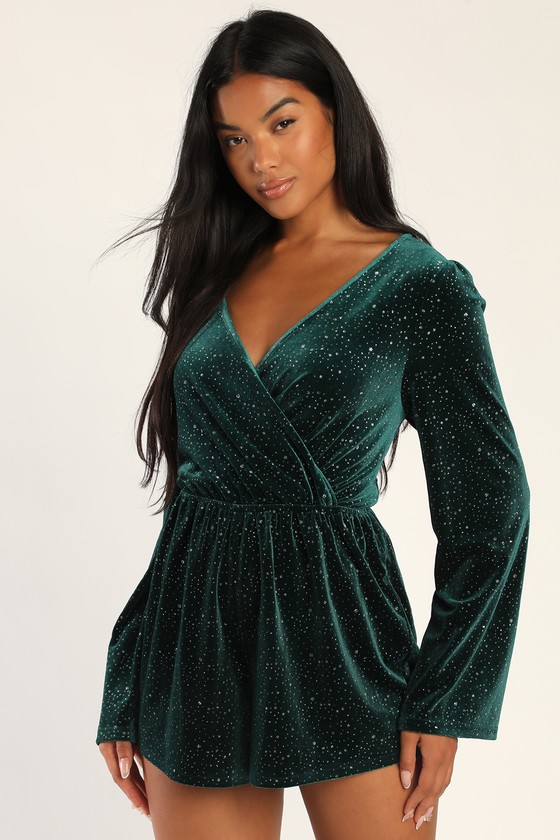 Emerald Romper - Glitter Romper - Long Sleeve Velvet Romper - Lulus