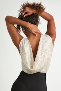 Evening of Wonder Silver Sequin Cowl Back Bodysuit 1