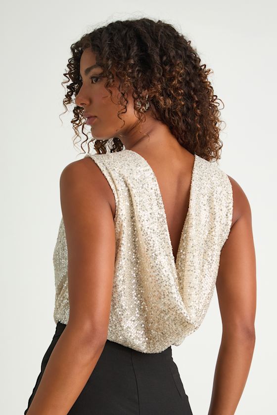Evening of Wonder Silver Sequin Cowl Back Bodysuit