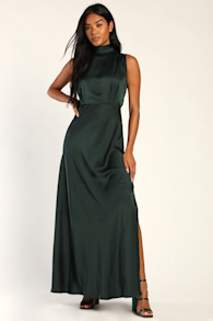 Classic Elegance Green Satin Sleeveless Mock Neck Maxi Dress 6