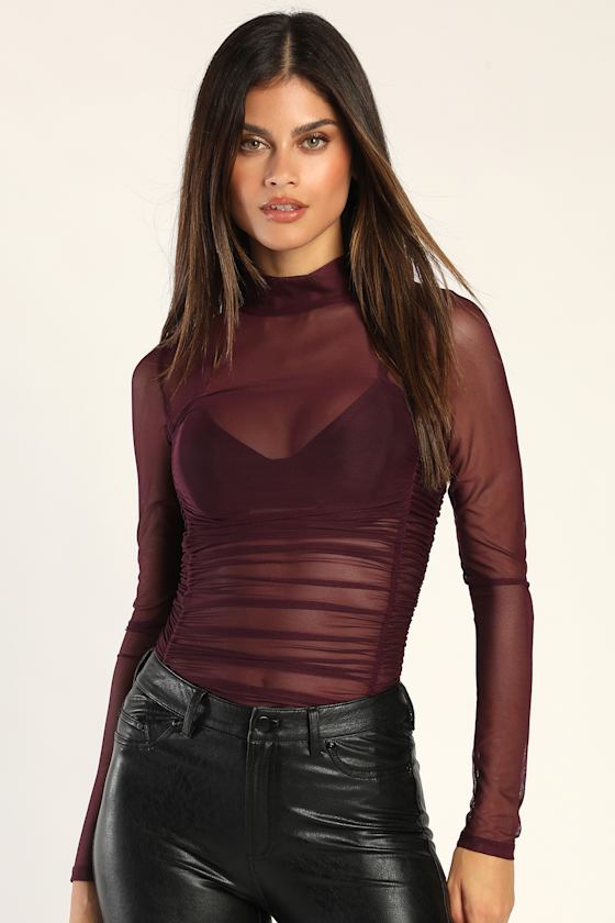 Plum Purple Sheer Bodysuit Mesh Bodysuit Mock Neck Bodysuit Lulus