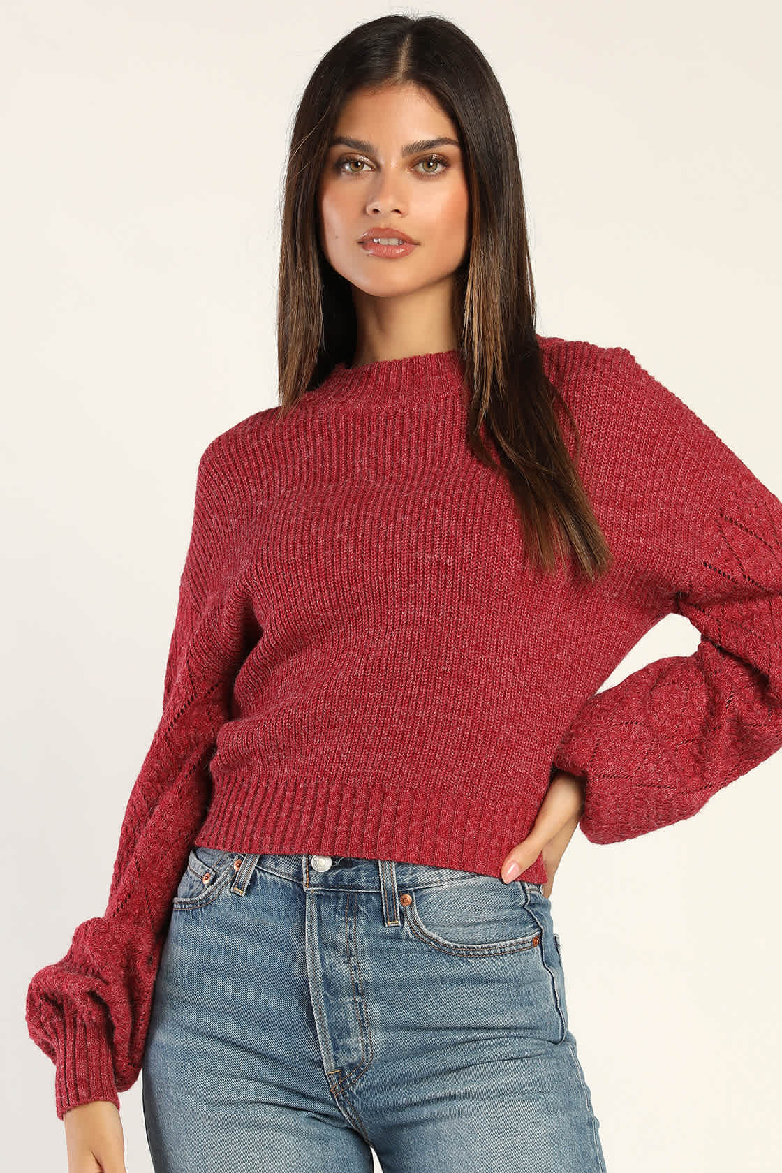 Lorelei Textured Sleeve Knit Sweater - Red