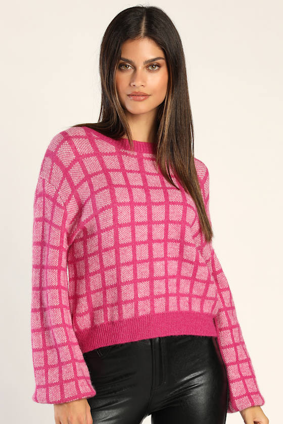 Magenta Sweater - Grid Pattern Sweater 