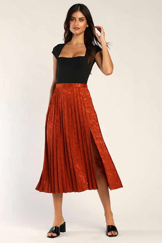 Complete Charmer Rust Orange Satin Floral Pleated Midi Skirt 1