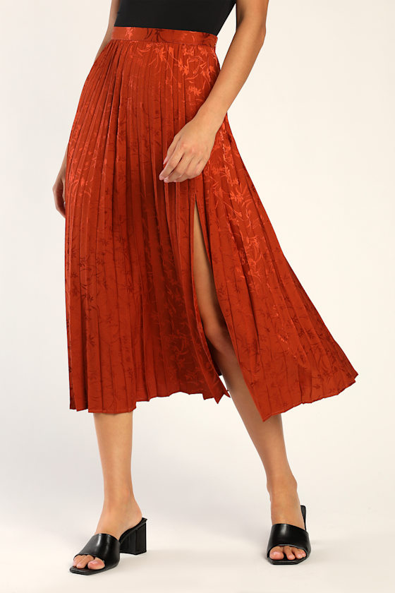 Complete Charmer Rust Orange Satin Floral Pleated Midi Skirt 2