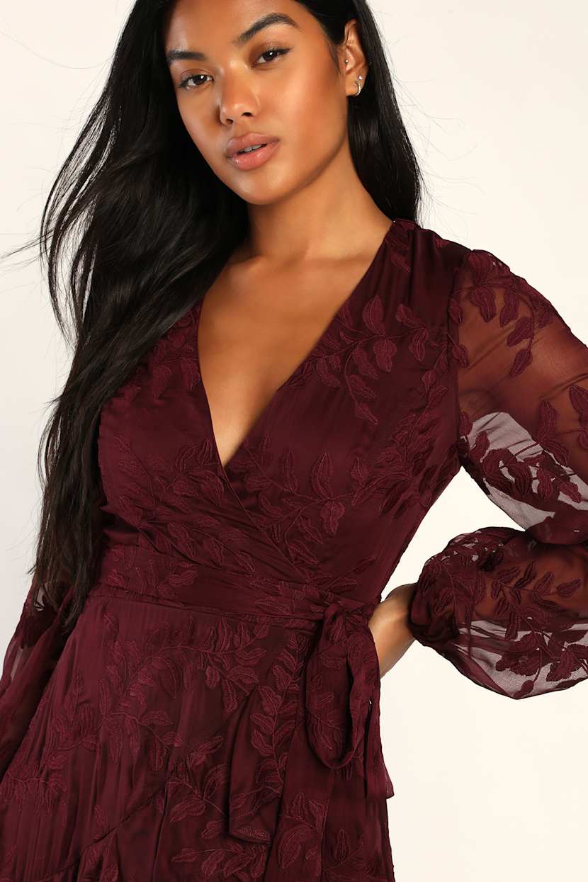 lulus burgundy floral dress Oriana Burgundy Floral Satin Strapless Midi Dress