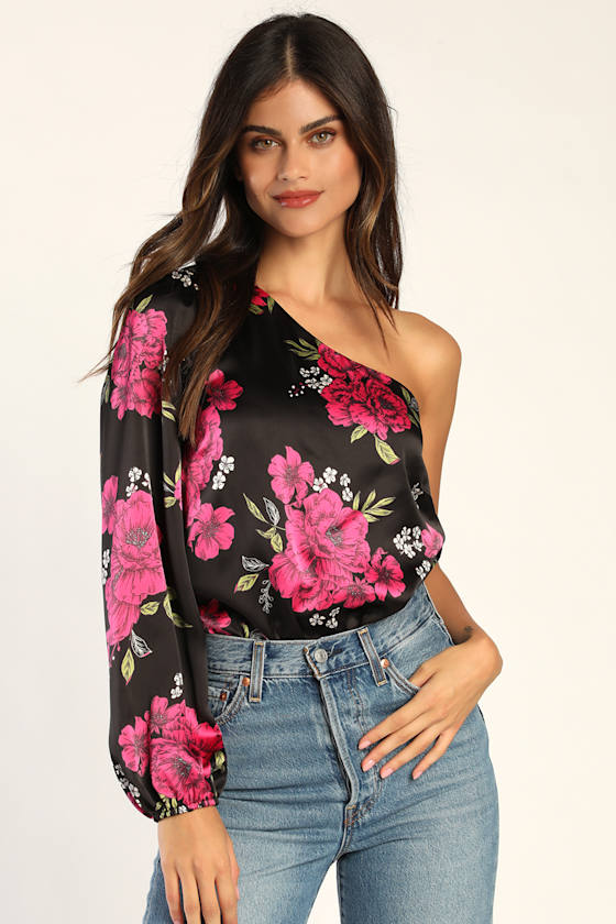 Black Floral Bodysuit OneShoulder Bodysuit Satin Top Lulus