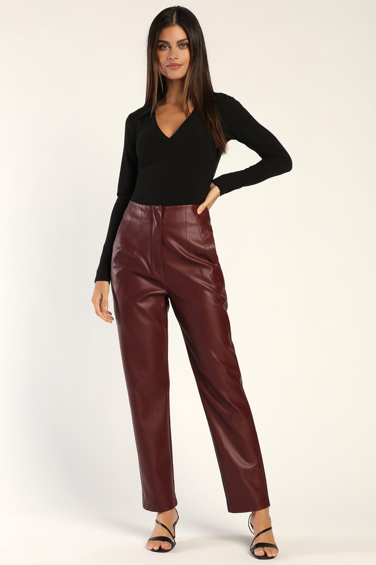 Burgundy Trousers - Vegan Leather Pants - High-Waisted Pants - Lulus