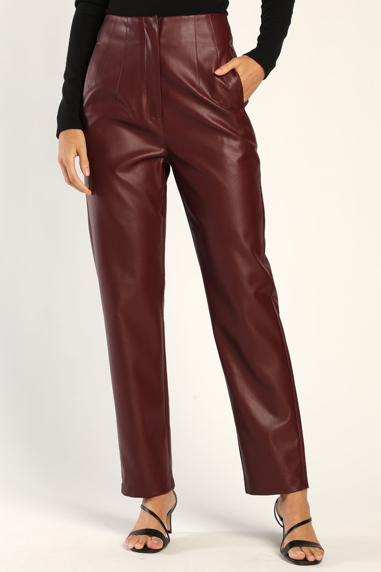 Burgundy Trousers - Vegan Leather Pants - High-Waisted Pants - Lulus
