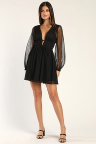 Sweet Twist Black Swiss Dot Tulle Long Sleeve Mini Dress