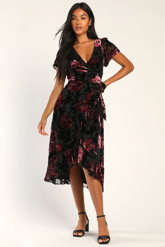Black Wrap Midi Dress - Burnout Dress - Floral Velvet Dress - Lulus