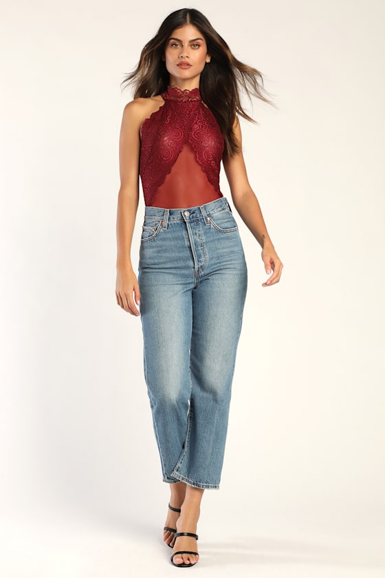 Show Stopping Burgundy Sheer Lace Sleeveless Bodysuit 2