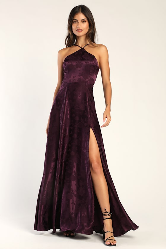 Elegant Sophistication Purple Satin Jacquard Halter Maxi Dress 2