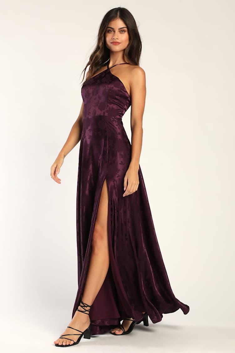 Elegant Sophistication Purple Satin Jacquard Halter Maxi Dress