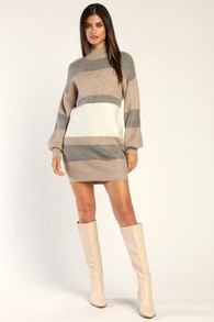 Casually Comfy Taupe Multi Striped Mock Neck Sweater Dress